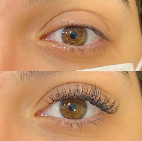 Antes e depois de extensão de cílios fio a fio feita no estúdio